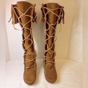 Minnetonka | Knee High Moccasin Boots Women Front Lace Up Suede Leather